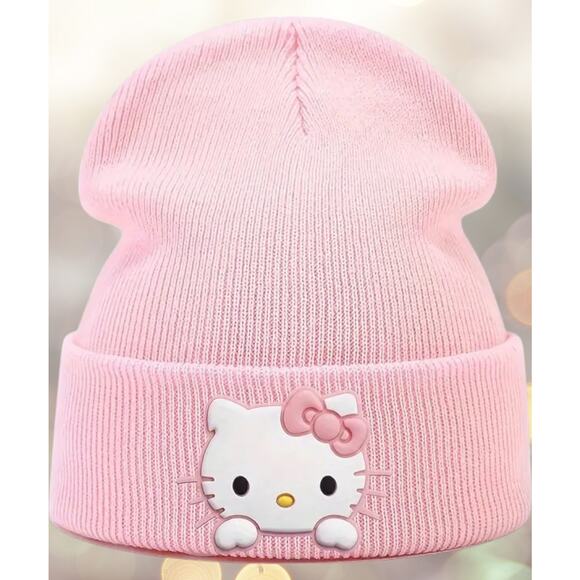 Cap Beanie Pink Lined with White Hello Kitty and Pink Bow - Picture 1 of 6